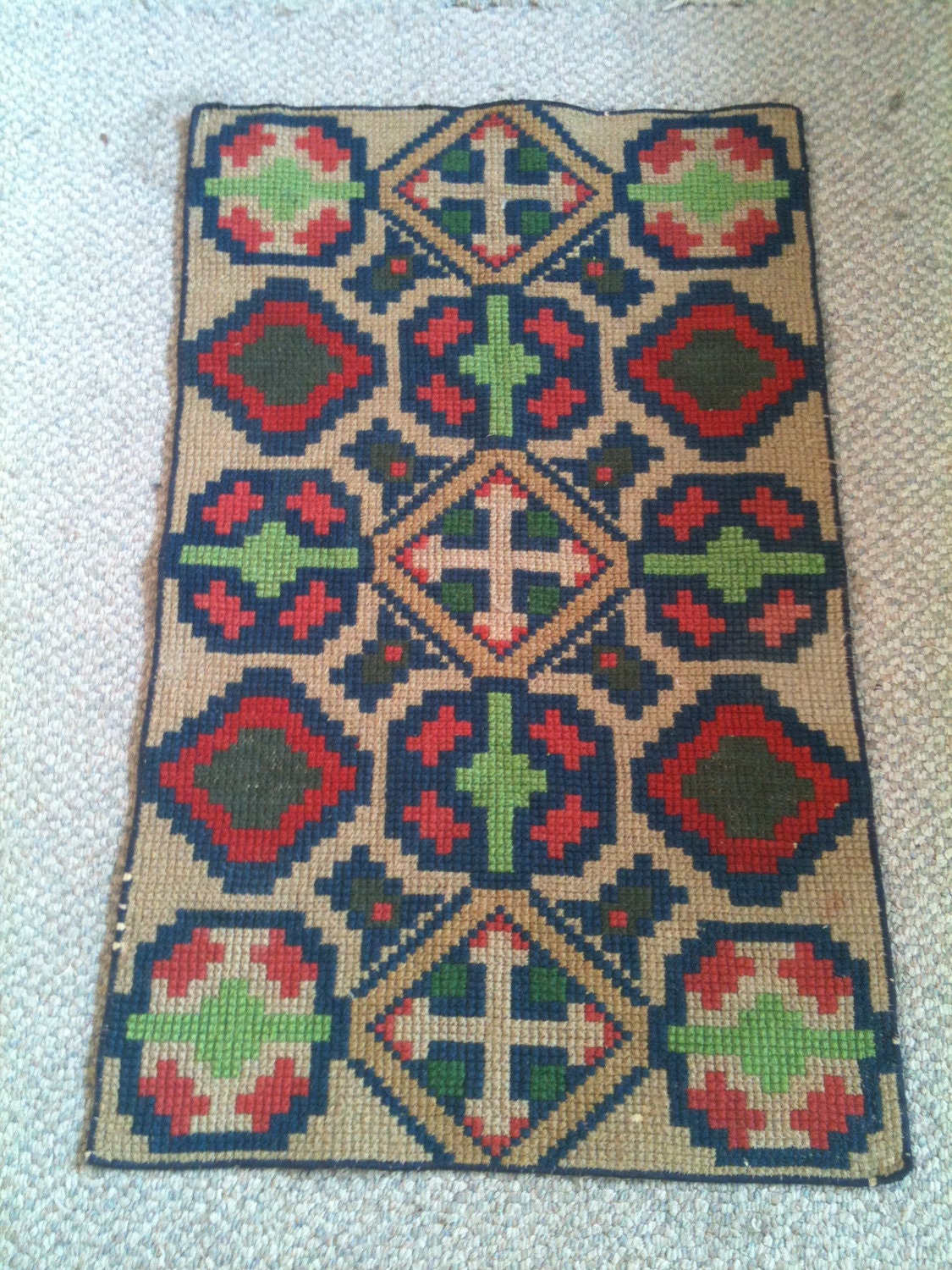 Vintage Large Cross Stitch Area Rug Red Blue Green Rug