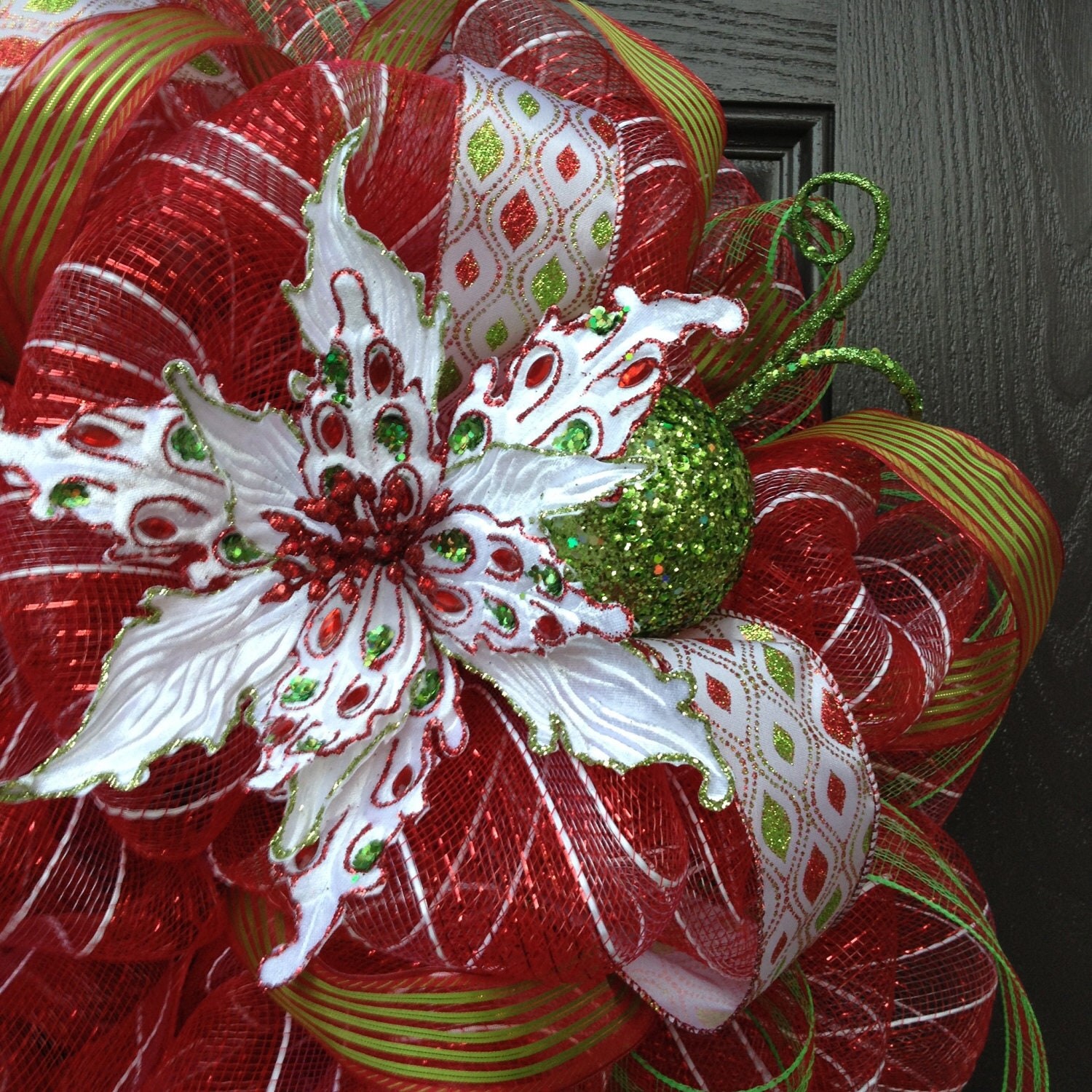 Red/White Striped Christmas Deco Mesh Wreath