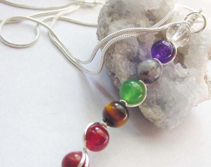 7 Chakra Wand Pendant Necklace 6mm stones, Powerful Balance, Harmony, Gemstones, Gift Idea,