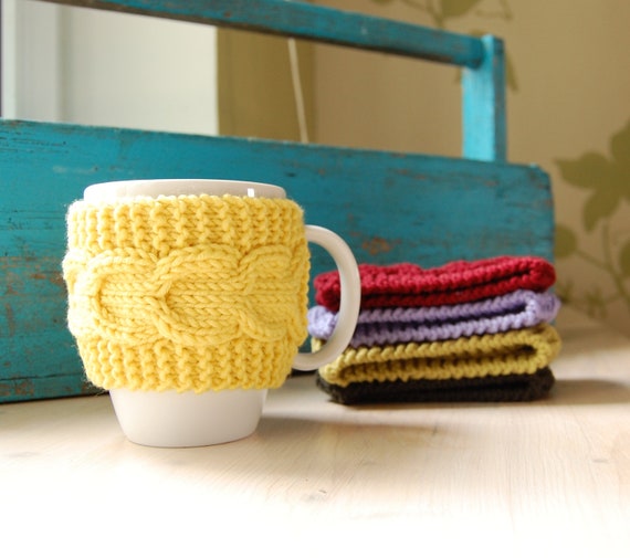 Coffee cup cozy hand knit with cable pattern mug by wooolmint