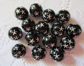 14 Black & Silver Star Etched Round Acrylic Beads 12mm