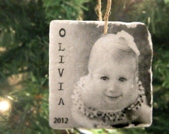 Personalized Photo Ornament - Tumbled Marble 2in. x 2in. - Photo Christmas Ornament - Personalized Ornament - Tile Ornament - In Memory