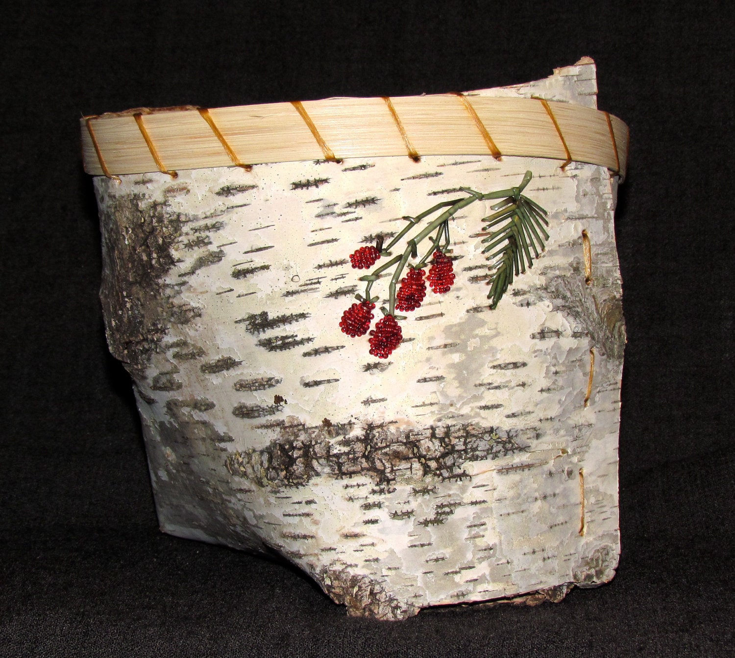 SALE Birch Bark Basket with Raspberry Beadwork and by KMHanksArt