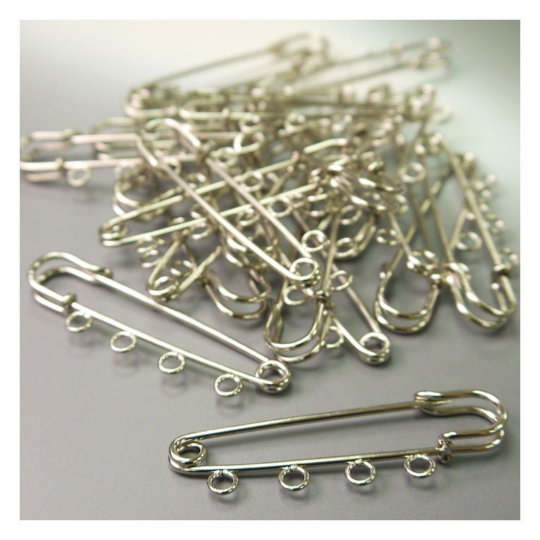 Safety Pin Brooch Silver Plated Metal Findings 4 Charms