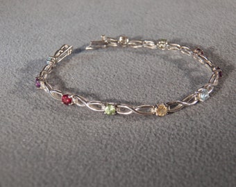 Vintage Sterling Silver 10 Round African Amethyst Peridot Golden Citrine Garnet Blue Topaz Link Line Tennis Bracelet