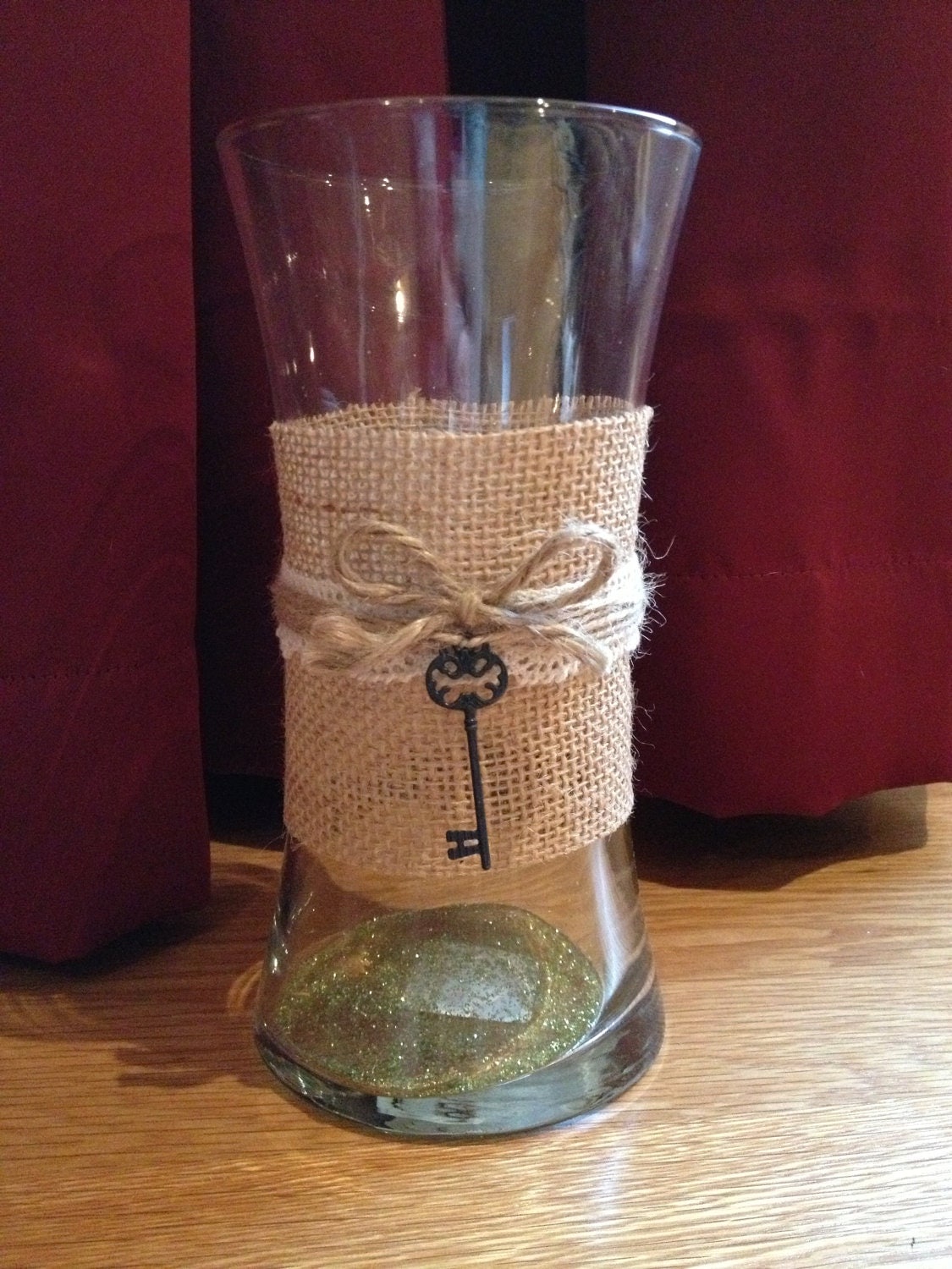 Glass Vase wrapped in burlap lace and twine topped with a