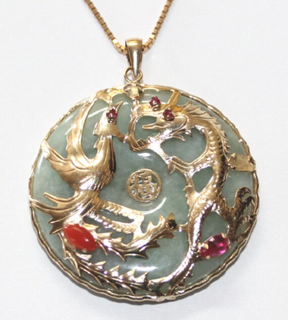 Round Jade Dragon phoenix Pendant 14k yellow gold 36mm