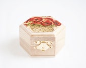 Small hexahedral rustic style wedding box  "Red Poppies" - Natural wood, ring bearer, rustic, poppies, red, ecofriendly
