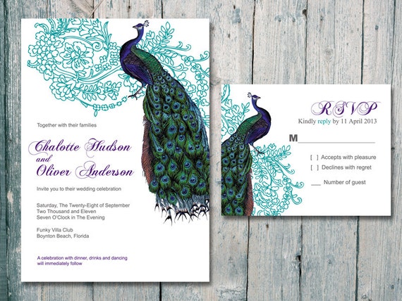 Digital - Printable Files - Teal -Vintage Peacock and Flower Wedding Invitation and Reply Card Set - Wedding Stationery - ID99