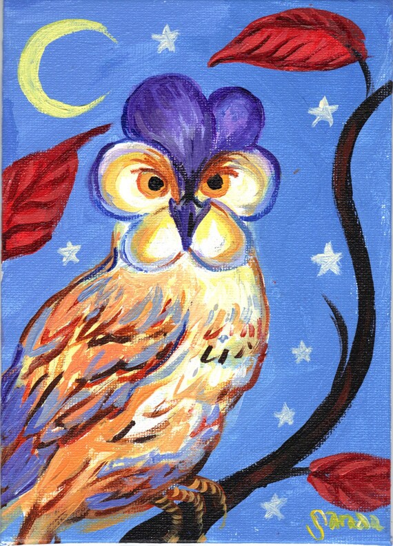 Items similar to Flower owl with pansy face original 5 x 7 painting ...