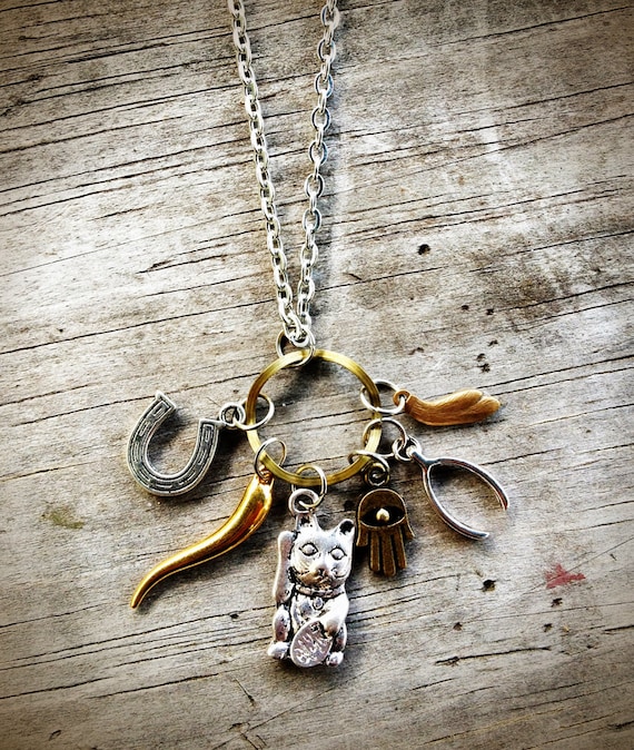 The Luckiest Necklace In The World, Lucky Charm, St. Patricks Day, Horn of Plenty, Maneki Neko, Hamsa Hand, Rabbits Foot, Wishbone Horseshoe