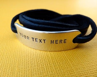 Custom Bracelet - Personalized Bracelet - Hand stamped Aluminum leather Wrap Bracelet
