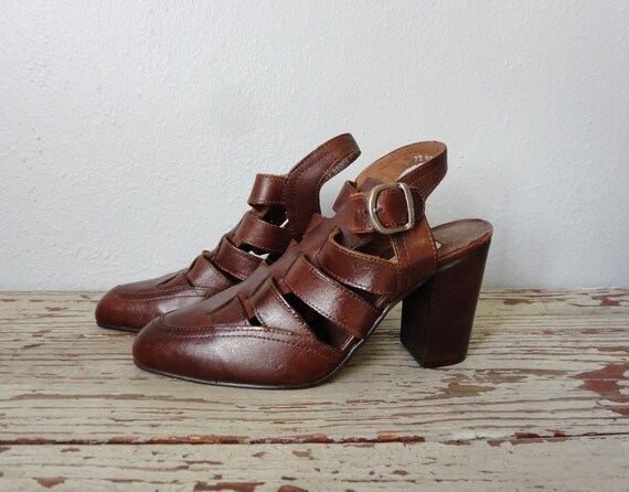 Vintage WILD PAIR Shoes / 1990s Cage Heels / Brown Leather