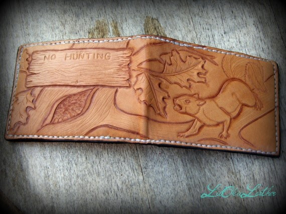 Handcarved Leather Wallet Squirrel Scene Handcrafted in