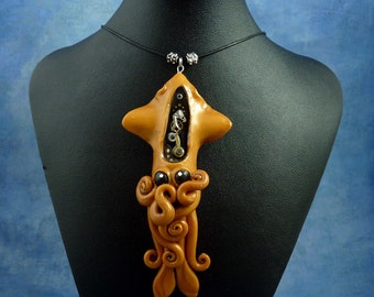 Brass Steampunk Squid Necklace, Polymer Clay Neo-Victorian Cephalopod Jewelry