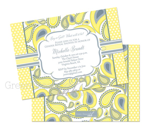YELLOW & GRAY PAISLEY Printable Party Invitation Printing Available Il_570xn