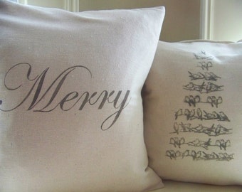 free shipping - Merry Christmas pillow- Christmas pillows - gray - linen - decoration - christmas pillow - christmas decor - natural - cu