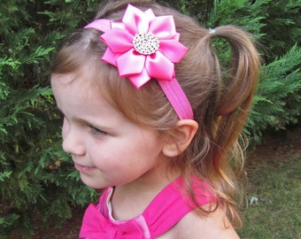 Hot Pink Flower Headband - Hot Pink Satin Flower with Rhinestones Stretchy Headband or Hair Clip, Baby Toddler Child Girls Headband