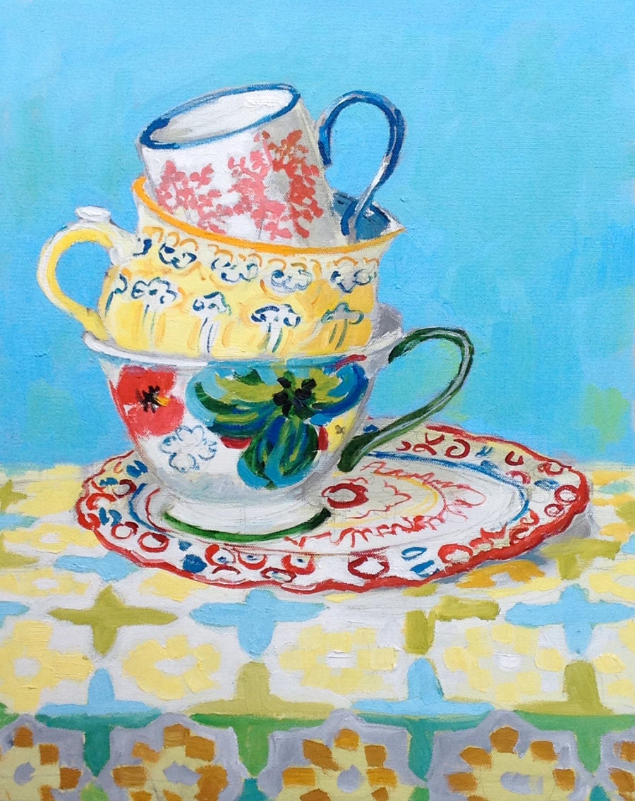 three tea cups painting 20x16