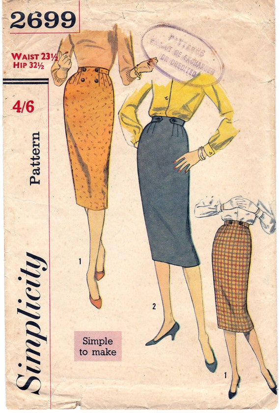 50s Wiggle Skirt Pattern Simplicity 2699 Vintage sewing pattern Waist 23 1/2 Hip 32 1/2 inches