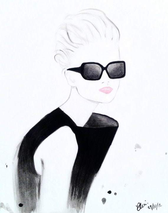 Watercolour fashion illustrationTitled Retro Black - Jessica Stam for Fendi