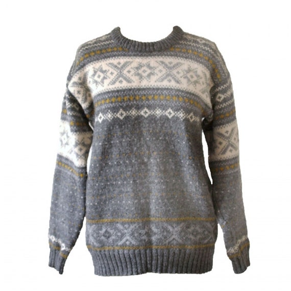 Vintage 1970s grey Norwegian Scandinavian fairisle knit pure