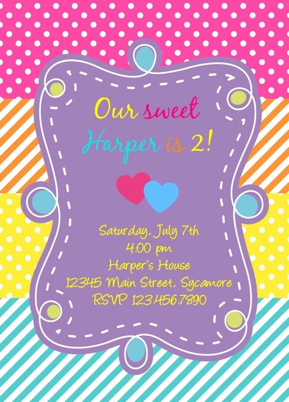Items similar to Simple & Sweet Girly Birthday Party Invitation Bright Polka Dots and Stripes