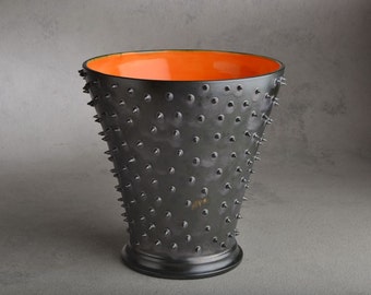Spiky Vase Ready To Ship Black Dangerously Spiky Vase with Orange Interor by Symmetrical Pottery