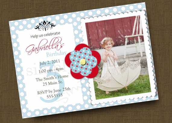 Blue/Red Girls Birthday Invitation with Photo (Printable )Digital File Il_570xn
