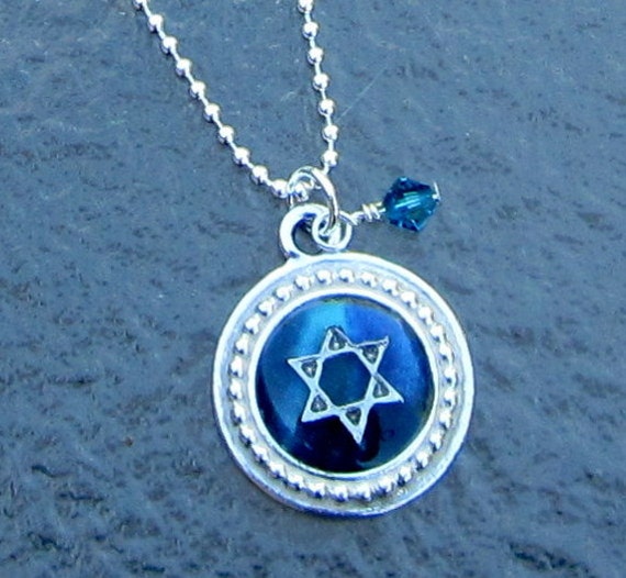Silver Star of David Necklace Round Turquoise Blue