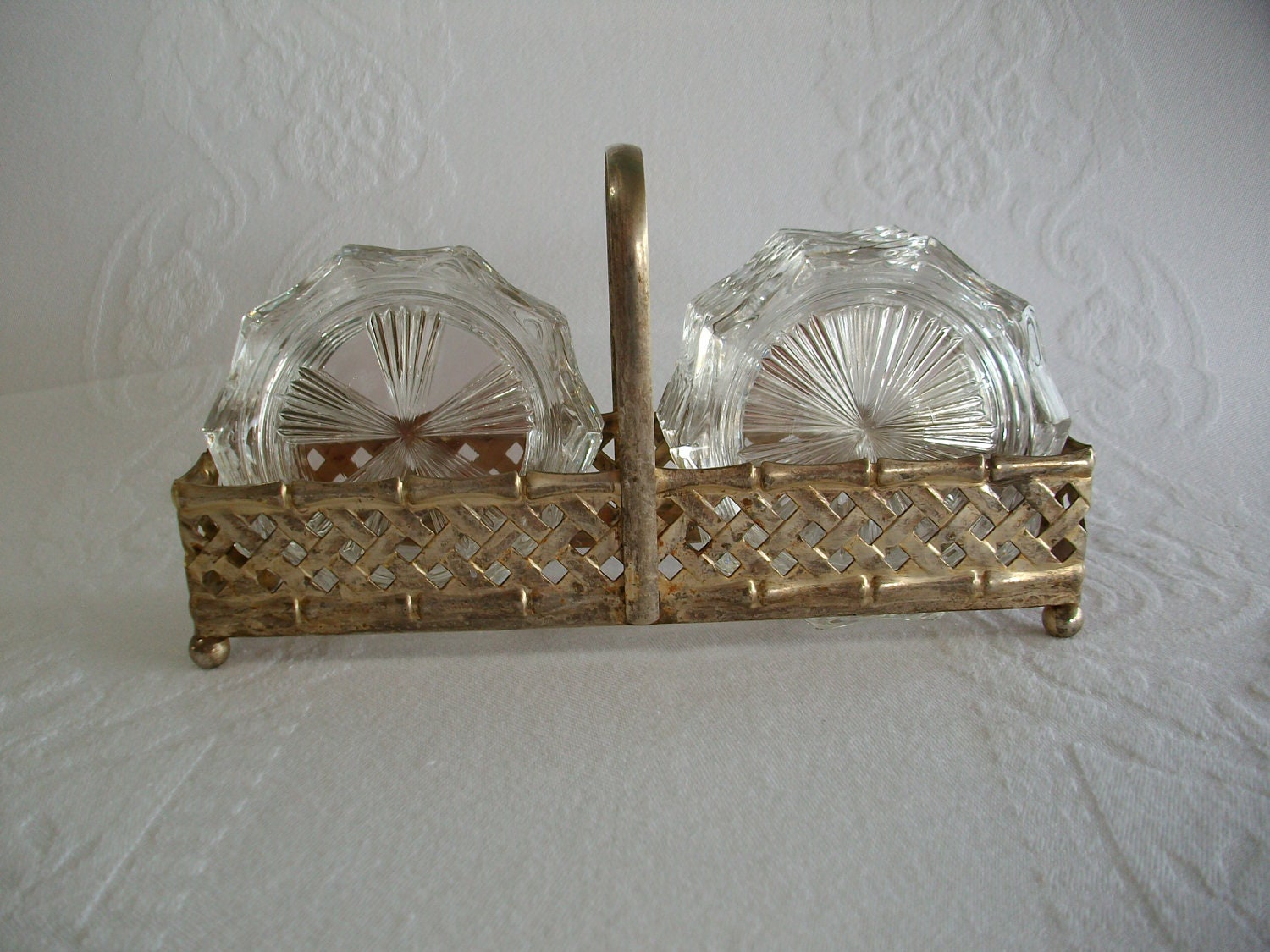 Vintage Clear Glass Coaster Set with Metal Caddy Holder