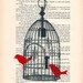 Birdcage with 2 birds - Original Illustration-Art Print-Art Poster- Hand Painting Mixed Media- French 1920 Vintage Paper