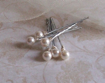 White Pearl Hair Pins - Swarovski Crystal Pearl Bobby Pins - Set of Six