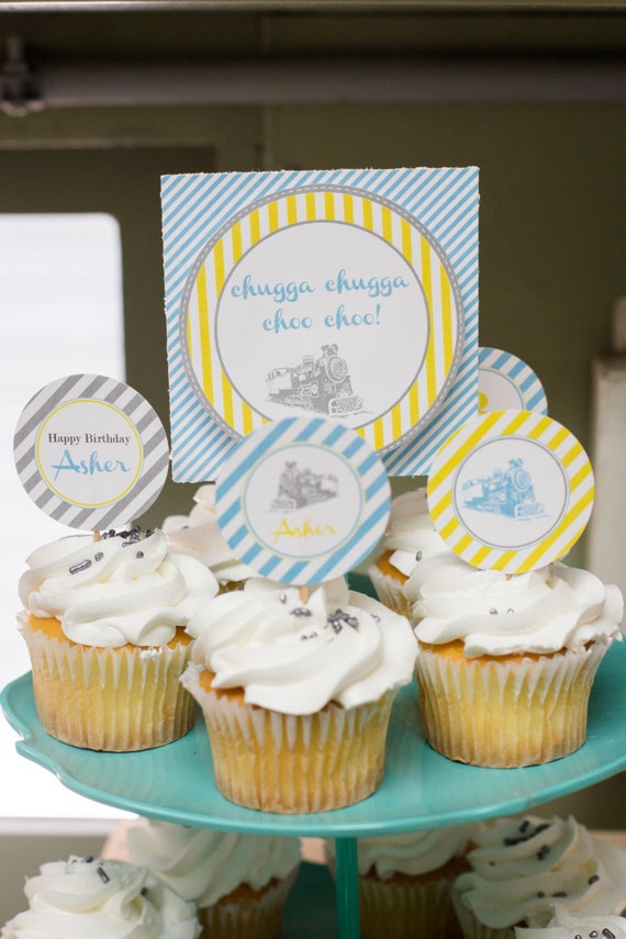 Vintage Train Birthday Party- personalized cupcake toppers in yellow, blue and grey- print your own Il_570xn