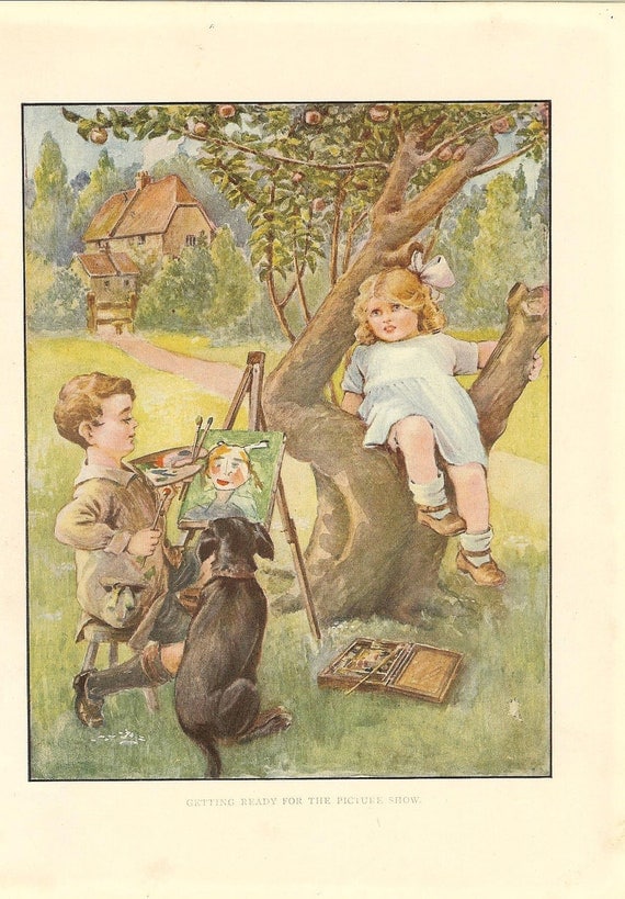 Vintage 1920s Childrens Print Book Plate  Blonde Haired Gir  Sitting On Tree Branch Posing For Picture Painted By Boy Watched By Black Dog