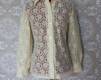 Vintage 1970's Cream Lace Button Down Shirt M/L