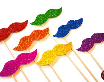 Photo Booth Props - Rainbow Glitter Mustaches on a Stick - Set of 7 - Rainbow Mustaches