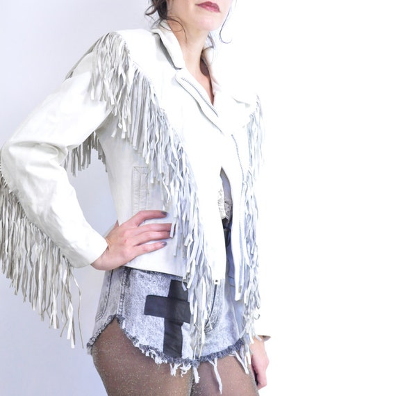 RARE WHiTE LEATHER FRiNGE JACKET / rugged motorcycle style