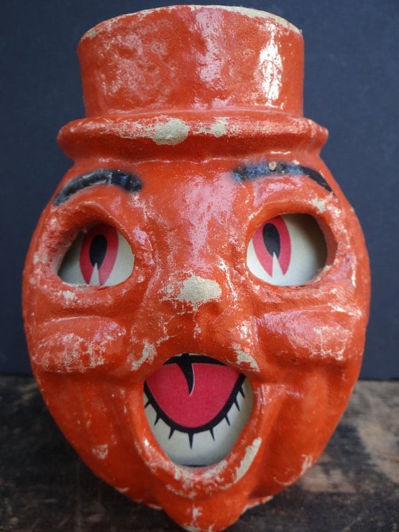 Vintage 1940's Halloween Jack-O-Lantern with Top Hat, made with Pulp Paper Mache