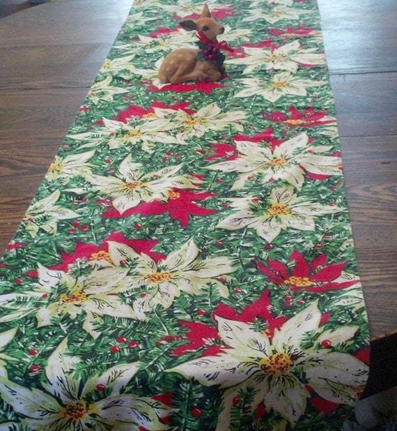 Poinsettia Runner Original  runner Print / lights  Table table with  Christmas Vintage / Floral christmas