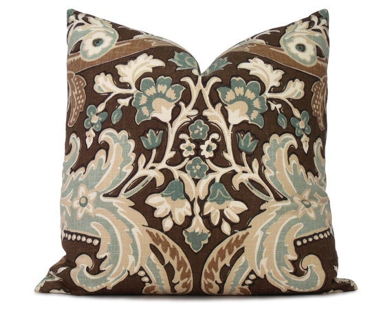 Brown and Blue Floral Pillow Cover Decorative Pillow Throw