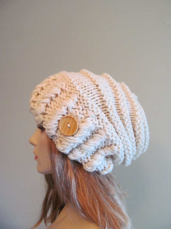 Cream Oversized Winter Hat Slouchy Beanie Slouch Hats Baggy Beret Button womens fall winter accessory White Cream Chunky Hand Made Knit