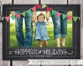 Chalkboard Christmas Card - Bunting Photo Christmas Card - Chalkboard Holiday Card - Black and White - Red Green - Printable - 1 or 3 Photos Il_170x135