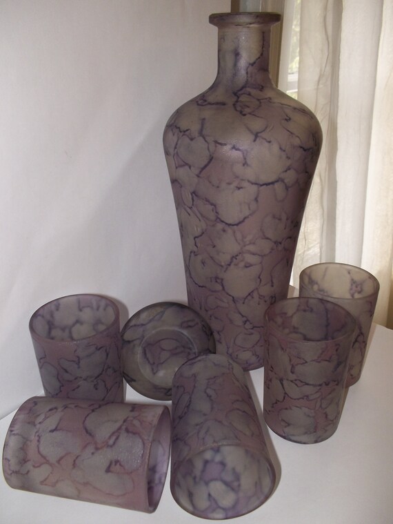 Vintage Jerusalem Glass Decanter & Glasses Set/ Israel Art