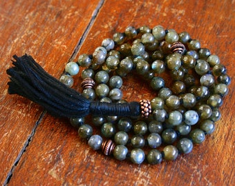 Labradorite 108 Bead Japa Mala Gemstone Hand Knotted Full Mala Prayer Beads Hindu Buddhist Mantra Meditation Yoga Jewelry Mala For Intuition