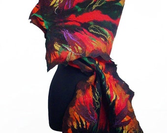 Green Felted Scarf Nunofelt Scarf ETHNO Wrap Art Shawl Noir Scarves Felt Nuno felt Silk multicolor shawl Fiber Art