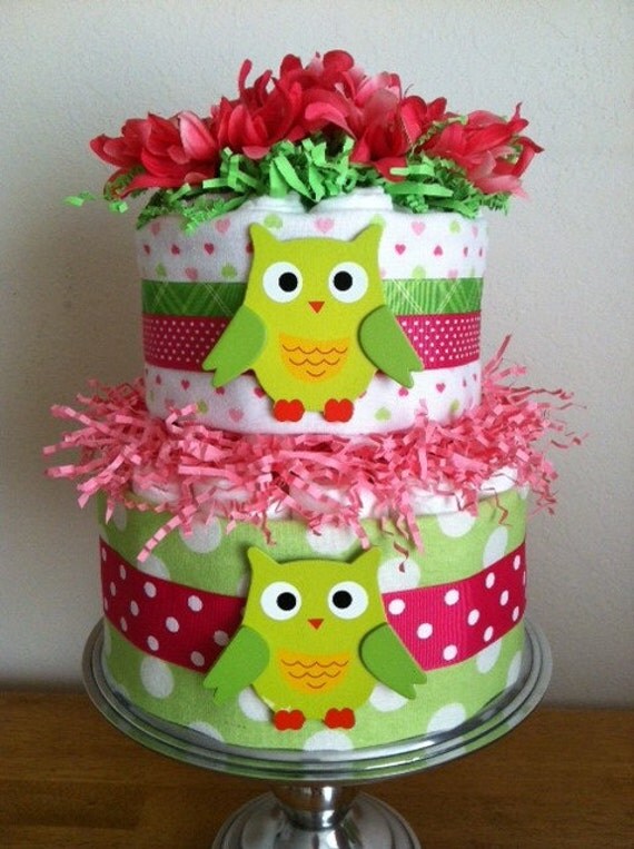 Bright Pink and Lime Green Owl Diaper Cake Baby Girl Shower