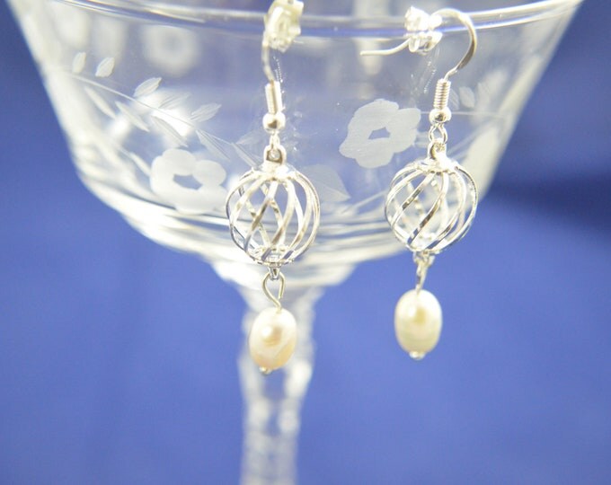 Pearl and Silver Bead Cage Earrings , Natural Akoya Pearls, Sterling, 1.5" Long E188