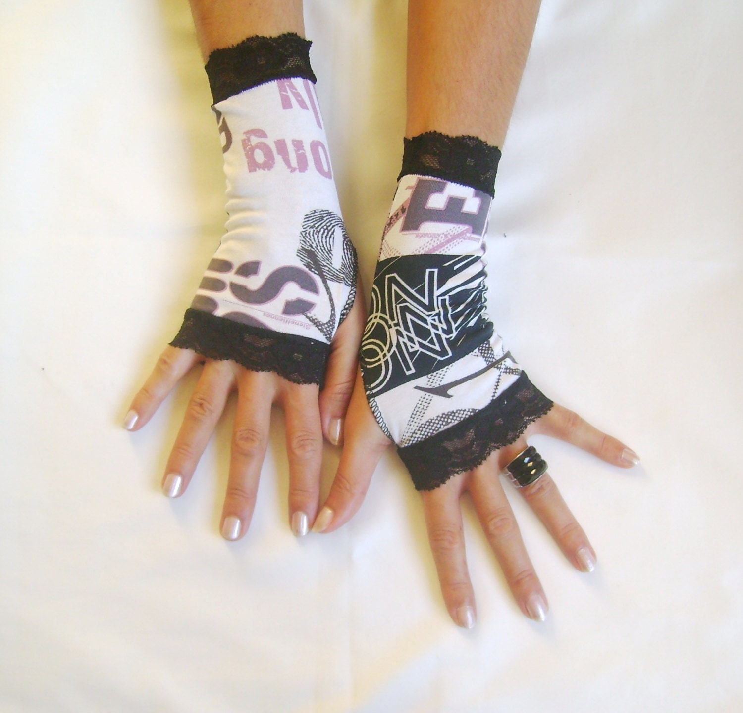 Flyer Print Fingerless Gloves White Black Soft Pink Armwarmers Free