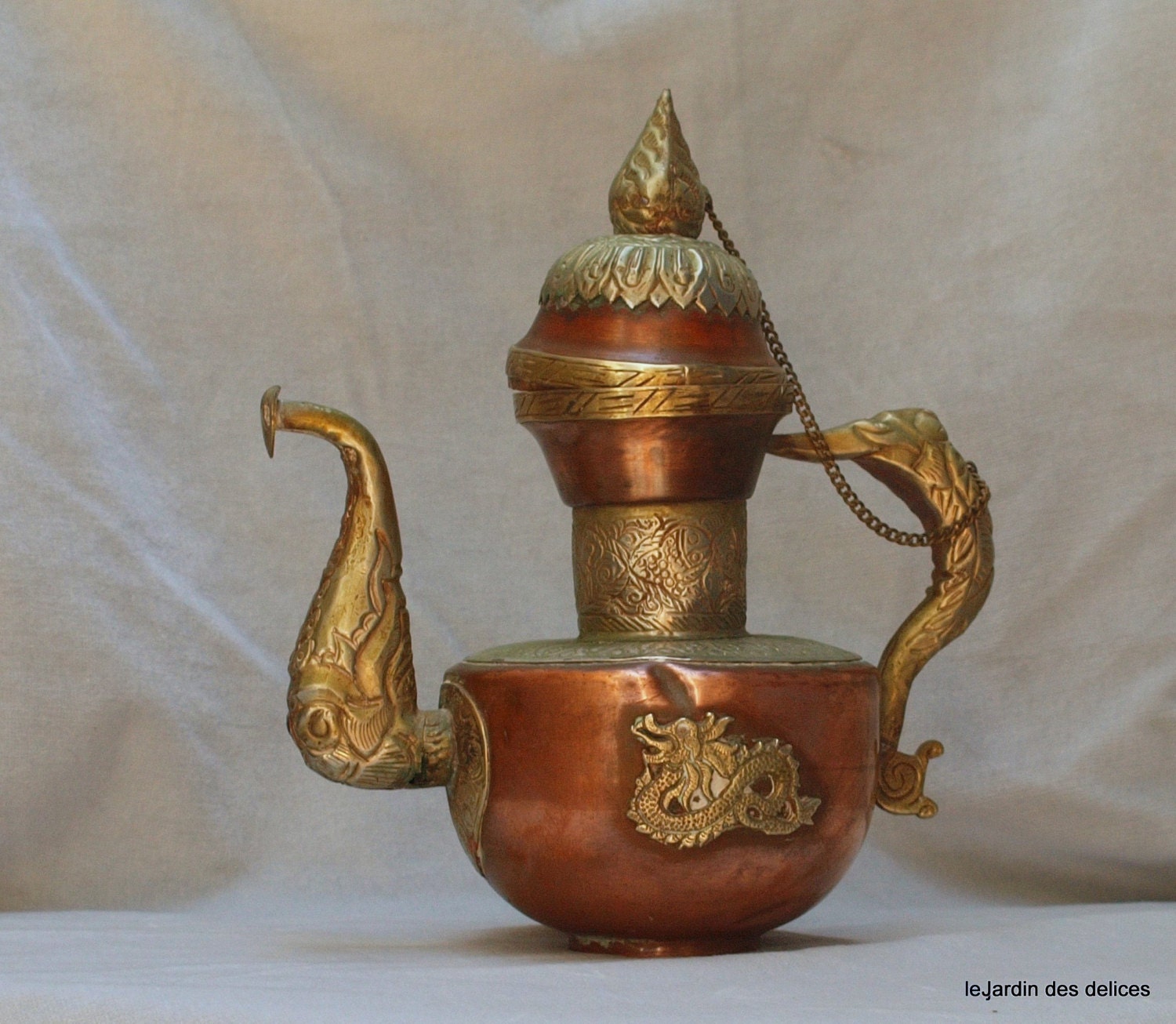 Vintage Copper & brass teapot Collectible magic dragon